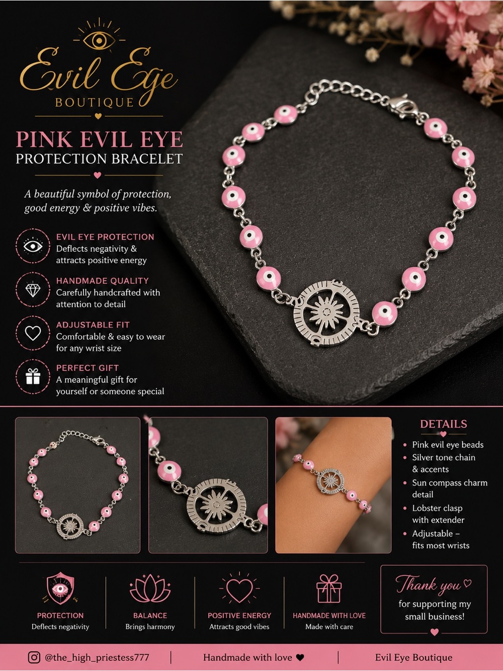 Pink Evil Eye Protection Bracelet - Silver Accents